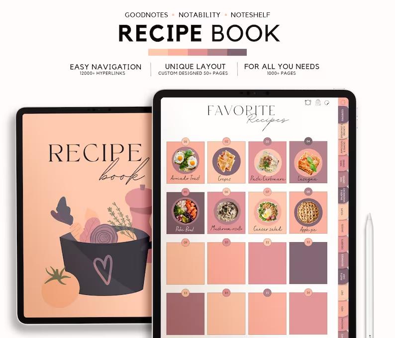 Digital Recipe Book for Goodnotes, Notability, Digital iPad Recipe Journal,  Digital Cookbook, Digital Meal Planner, Recipe Book Template 