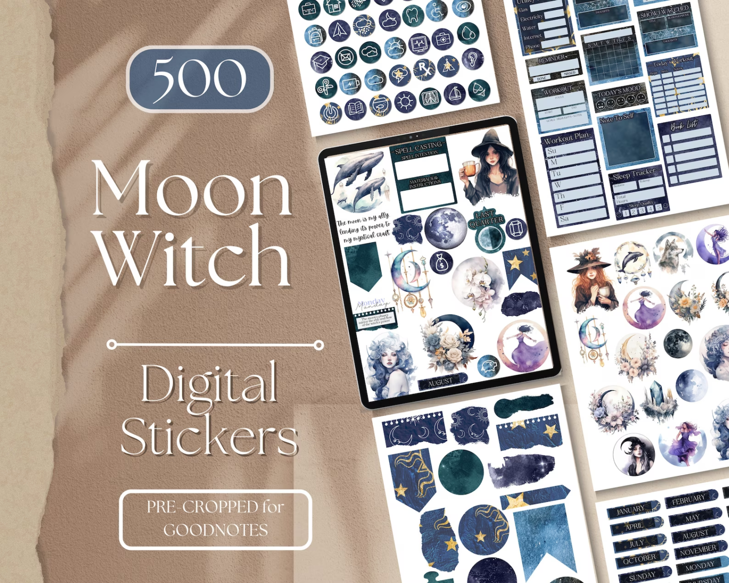 Witchy stickers printable, witchcraft goodnotes stickers By